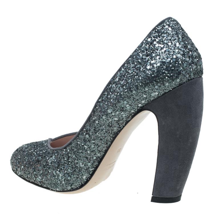 Pre Owned Miu Miu Grey Suede and Glitter Block Heel Pumps Size 39