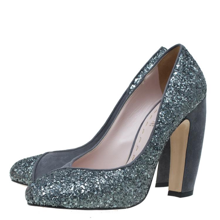 Pre Owned Miu Miu Grey Suede and Glitter Block Heel Pumps Size 39