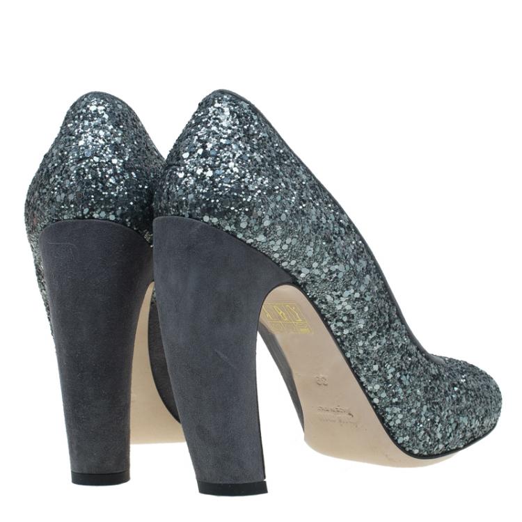 Pre Owned Miu Miu Grey Suede and Glitter Block Heel Pumps Size 39