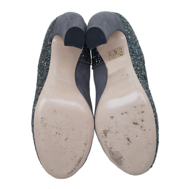 Pre Owned Miu Miu Grey Suede and Glitter Block Heel Pumps Size 39