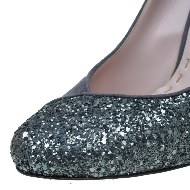 Pre Owned Miu Miu Grey Suede and Glitter Block Heel Pumps Size 39