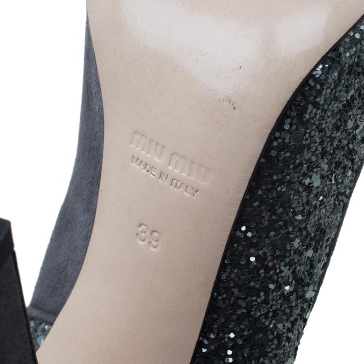 Pre Owned Miu Miu Grey Suede and Glitter Block Heel Pumps Size 39