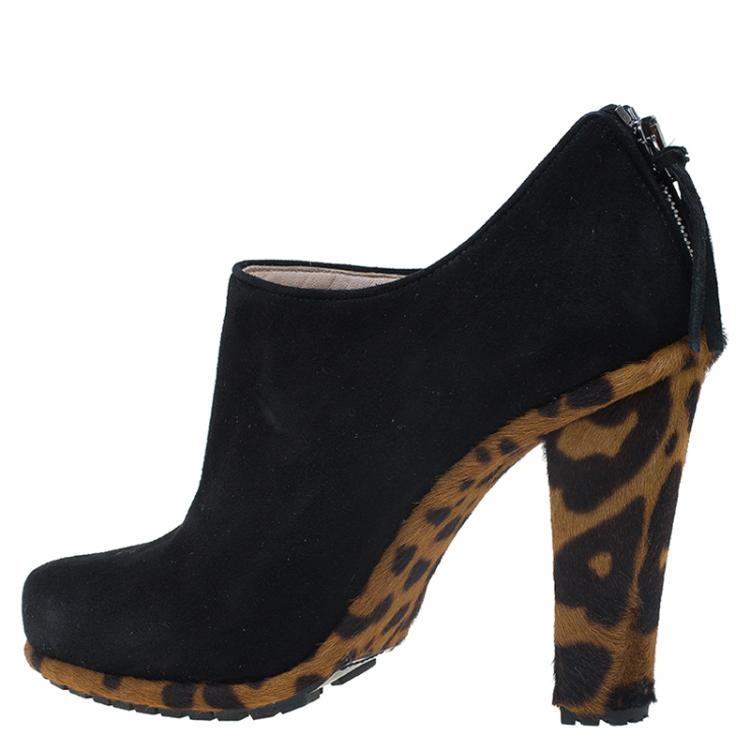 Pre Owned Miu Miu Black Suede and Leopard Print Hair-On Ankle Boots Size 38
