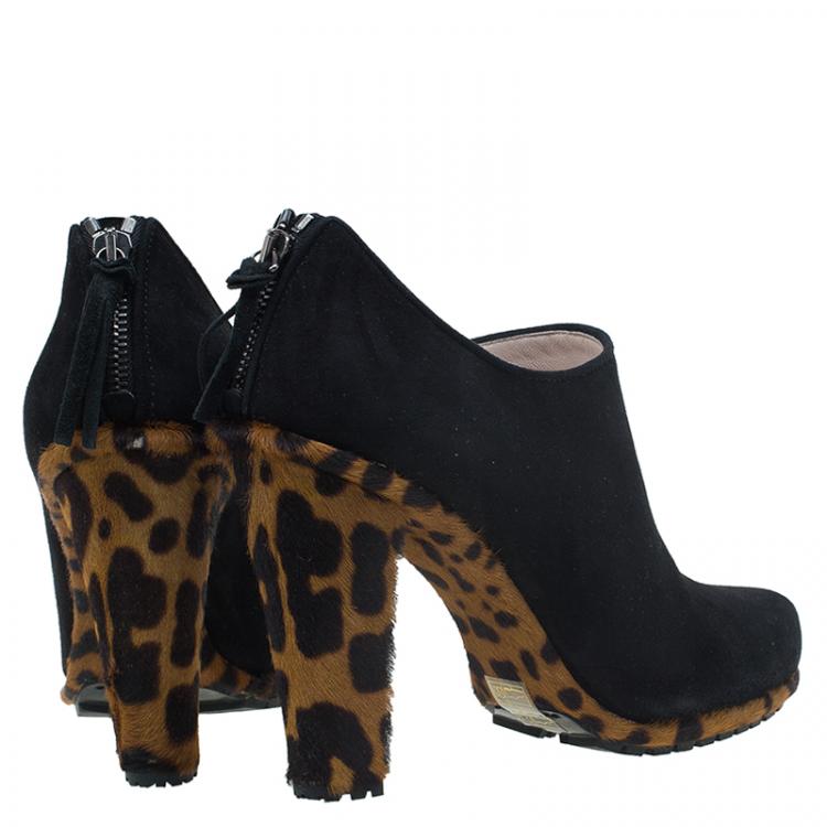 Pre Owned Miu Miu Black Suede and Leopard Print Hair-On Ankle Boots Size 38