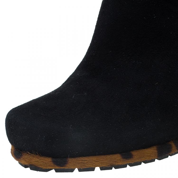 Pre Owned Miu Miu Black Suede and Leopard Print Hair-On Ankle Boots Size 38