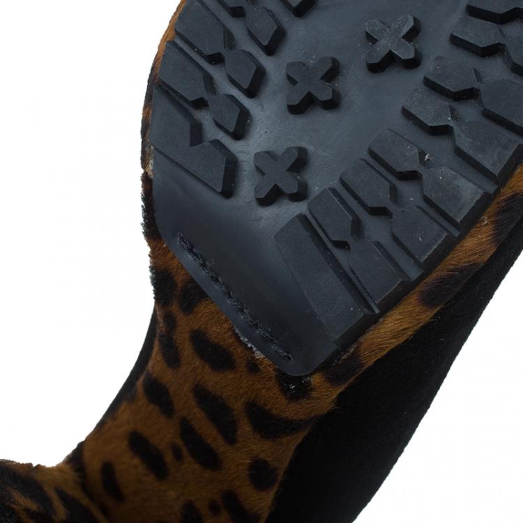 Pre Owned Miu Miu Black Suede and Leopard Print Hair-On Ankle Boots Size 38