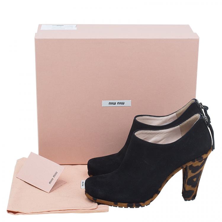 Pre Owned Miu Miu Black Suede and Leopard Print Hair-On Ankle Boots Size 38