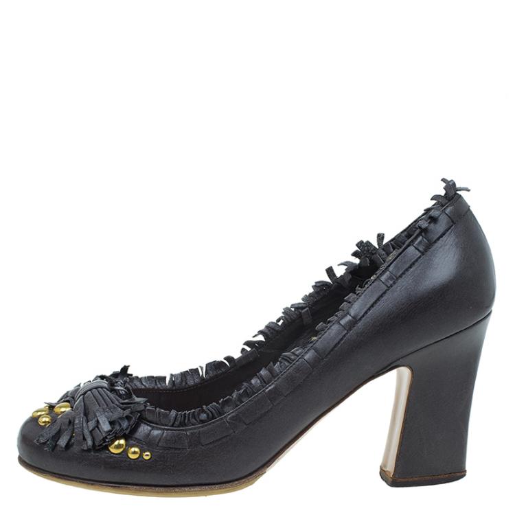 Pre Owned Miu Miu Dark Grey Leather Studded Fringe Bow Detail Pumps Size 38