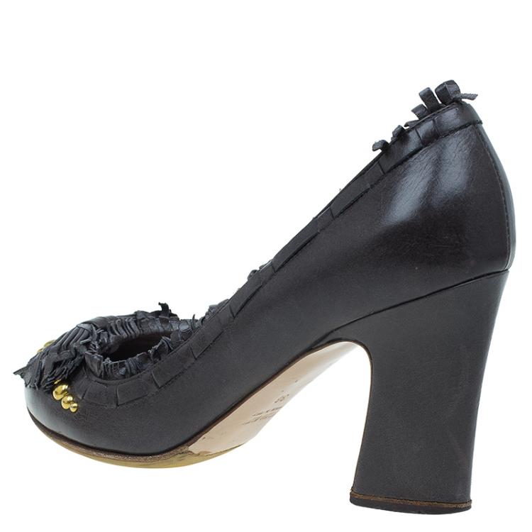Pre Owned Miu Miu Dark Grey Leather Studded Fringe Bow Detail Pumps Size 38