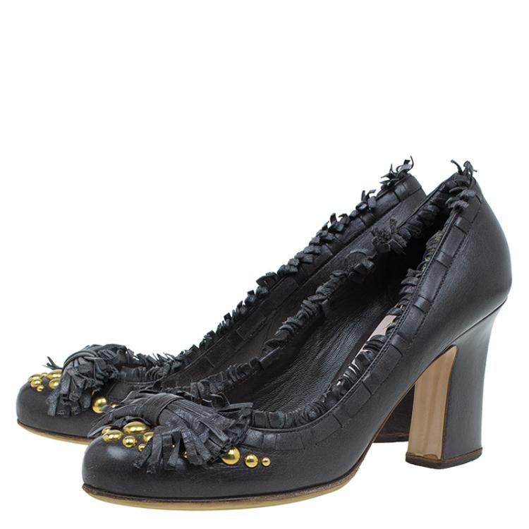 Pre Owned Miu Miu Dark Grey Leather Studded Fringe Bow Detail Pumps Size 38