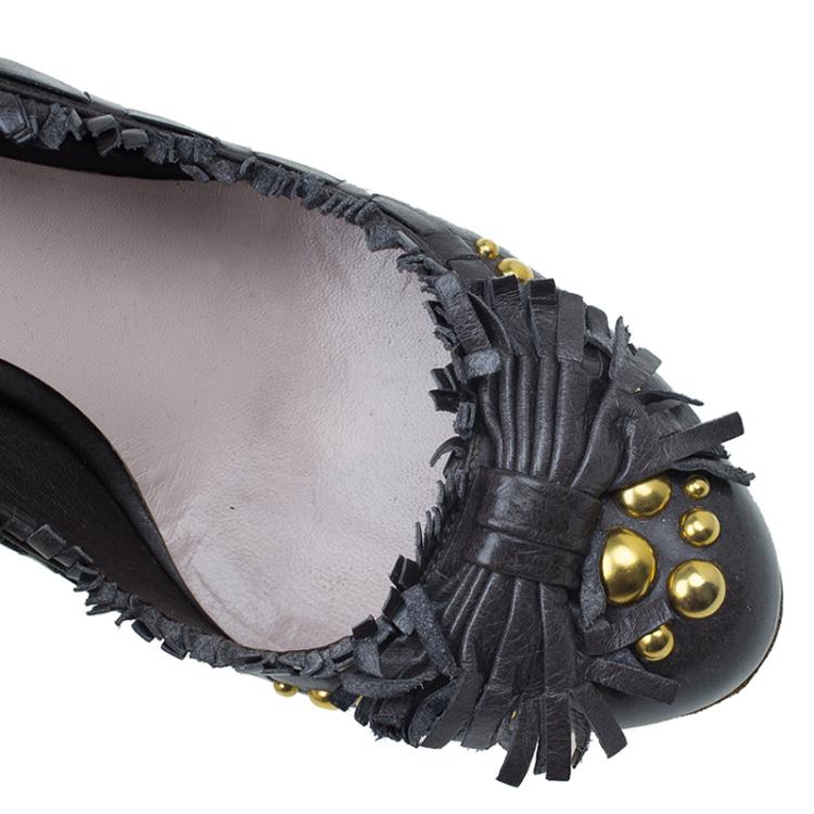 Pre Owned Miu Miu Dark Grey Leather Studded Fringe Bow Detail Pumps Size 38