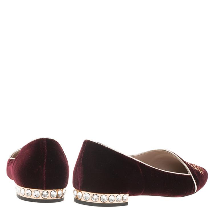 Pre Owned Miu Miu Burgundy Embroidered Velvet Embellished Heel Pointed Ballet Flats Size 36.5