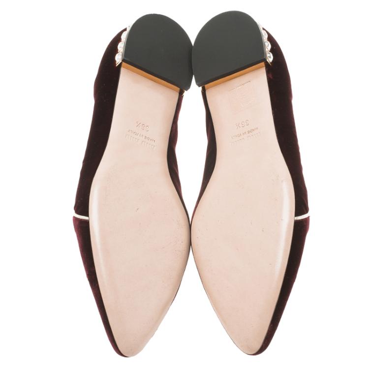 Pre Owned Miu Miu Burgundy Embroidered Velvet Embellished Heel Pointed Ballet Flats Size 36.5