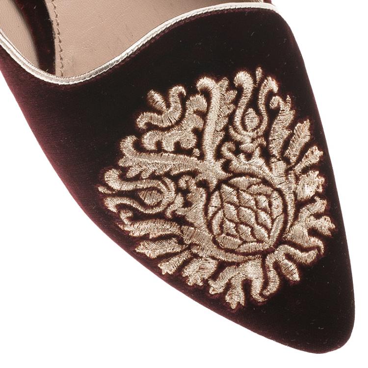 Pre Owned Miu Miu Burgundy Embroidered Velvet Embellished Heel Pointed Ballet Flats Size 36.5