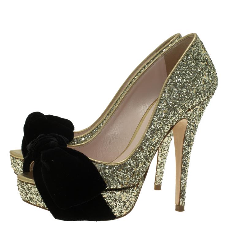 Pre Owned Miu Miu Gold Glitter Velvet Bow Peep Toe Platform Pumps Size 35