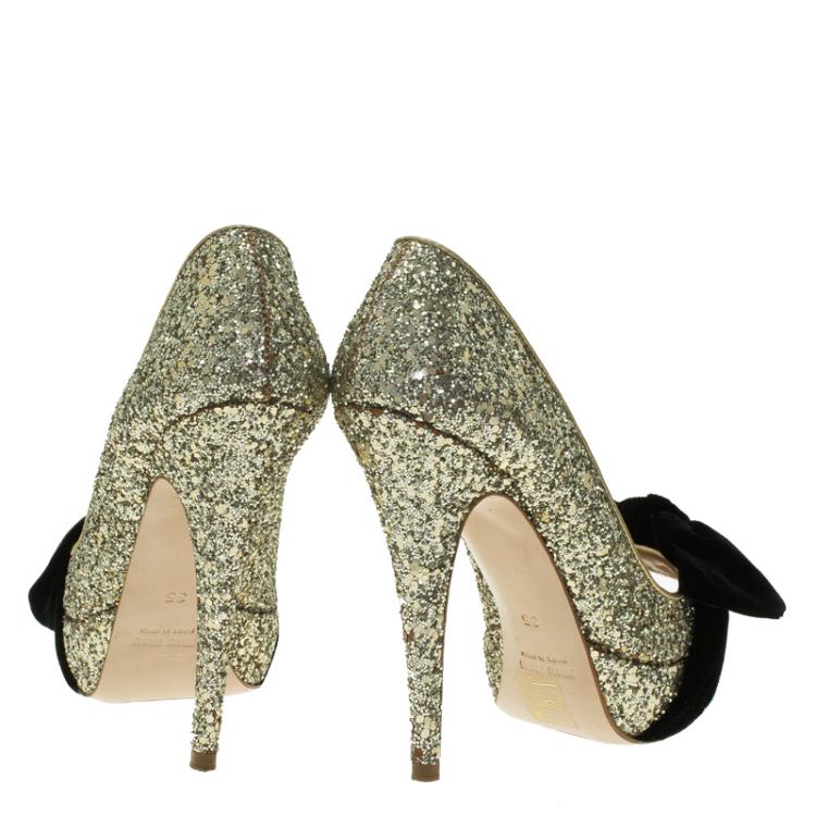 Pre Owned Miu Miu Gold Glitter Velvet Bow Peep Toe Platform Pumps Size 35