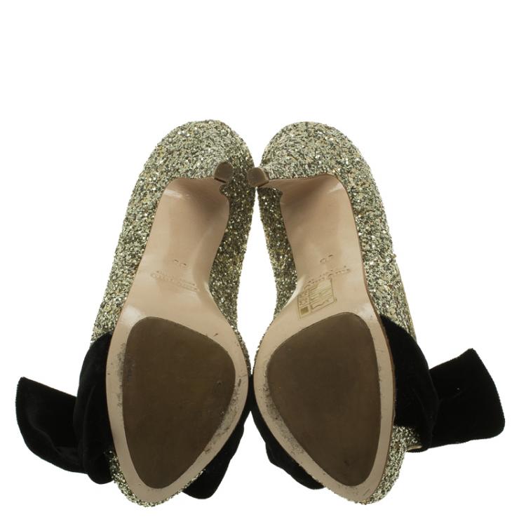Pre Owned Miu Miu Gold Glitter Velvet Bow Peep Toe Platform Pumps Size 35