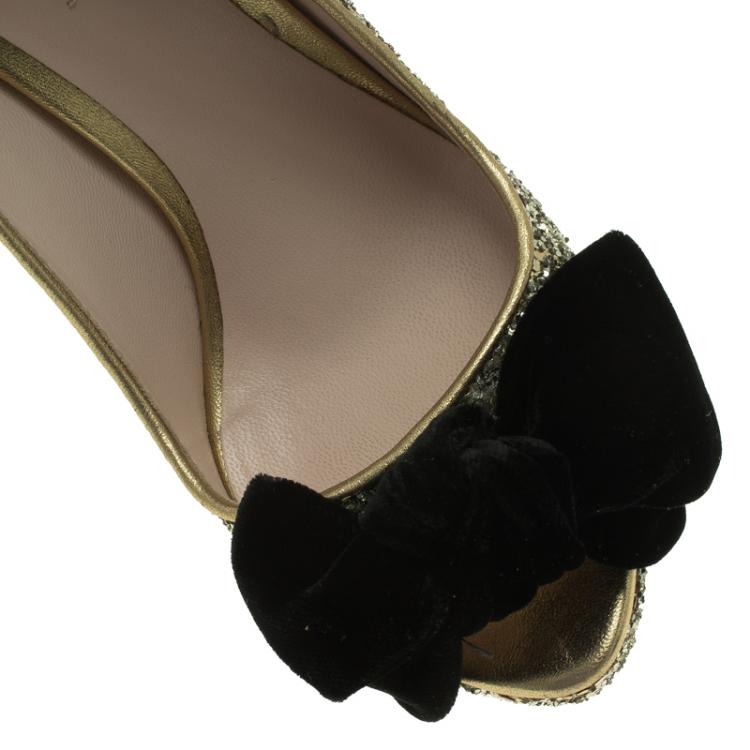 Pre Owned Miu Miu Gold Glitter Velvet Bow Peep Toe Platform Pumps Size 35