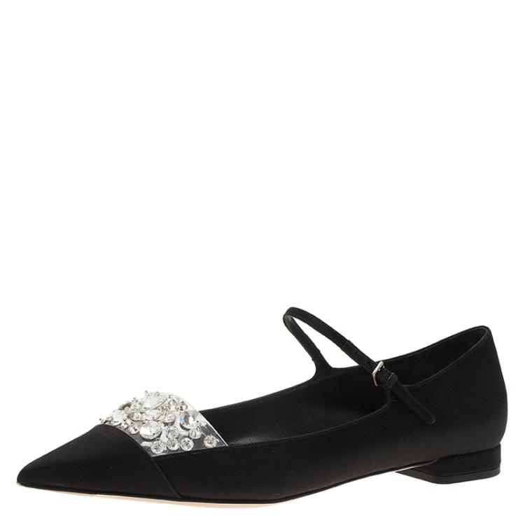 Pre Owned Miu Miu Black Satin Jeweled Mary Jane Flats Size 37