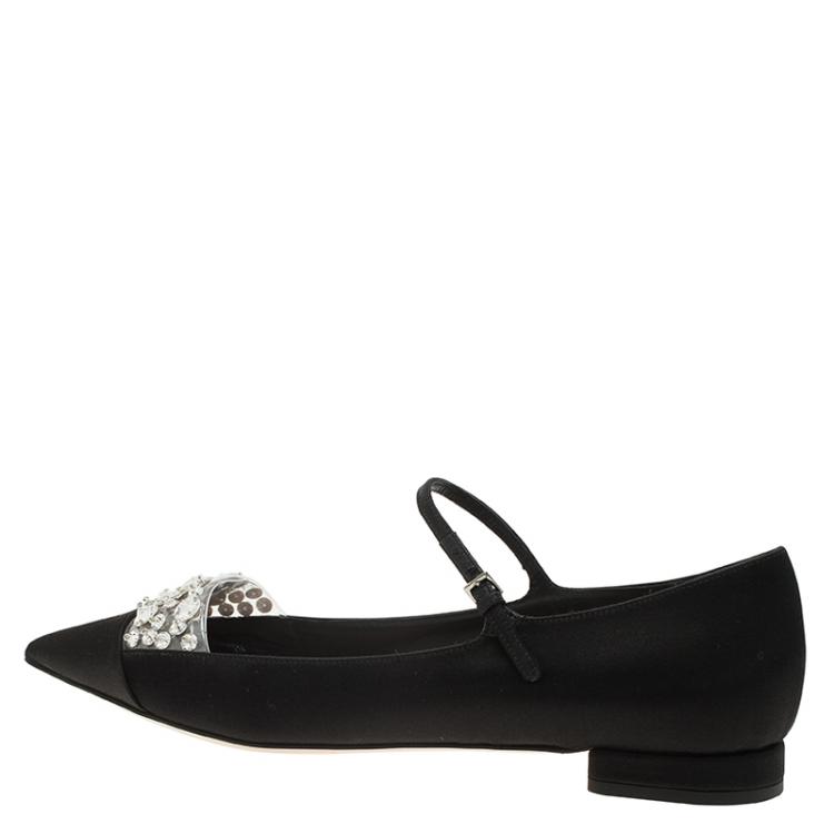 Pre Owned Miu Miu Black Satin Jeweled Mary Jane Flats Size 37