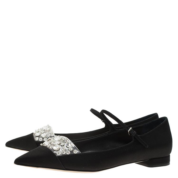 Pre Owned Miu Miu Black Satin Jeweled Mary Jane Flats Size 37