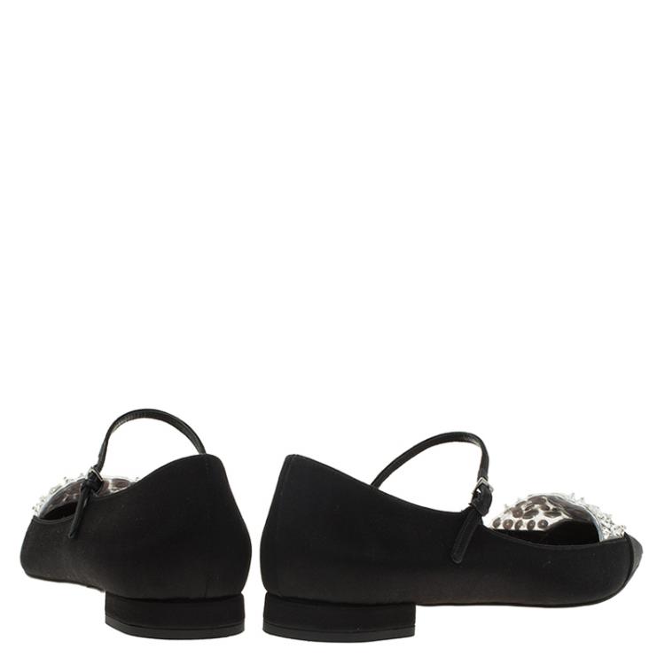 Pre Owned Miu Miu Black Satin Jeweled Mary Jane Flats Size 37