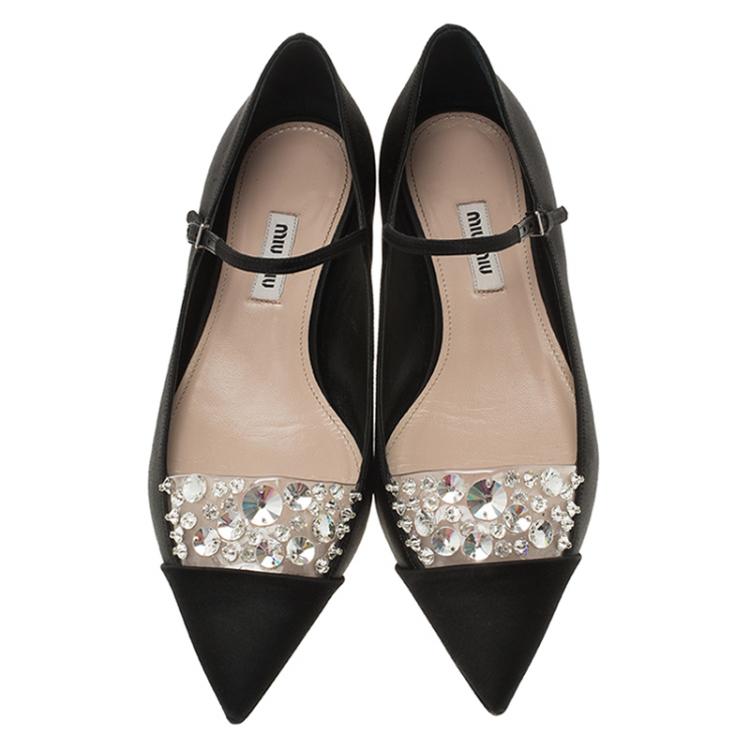 Pre Owned Miu Miu Black Satin Jeweled Mary Jane Flats Size 37
