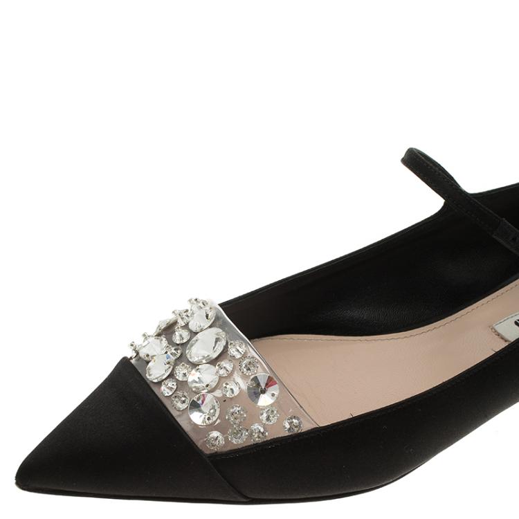 Pre Owned Miu Miu Black Satin Jeweled Mary Jane Flats Size 37
