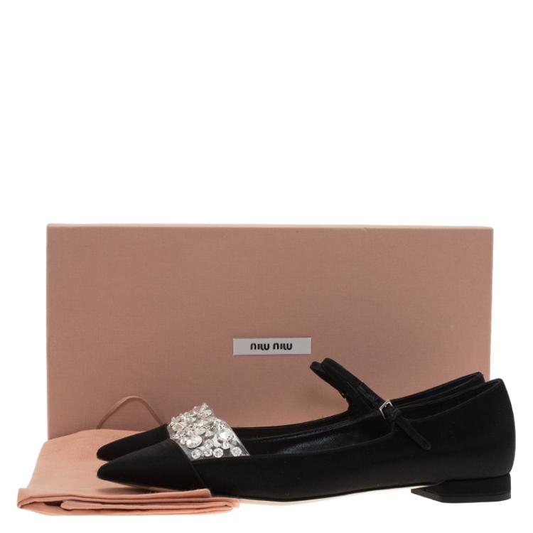Pre Owned Miu Miu Black Satin Jeweled Mary Jane Flats Size 37
