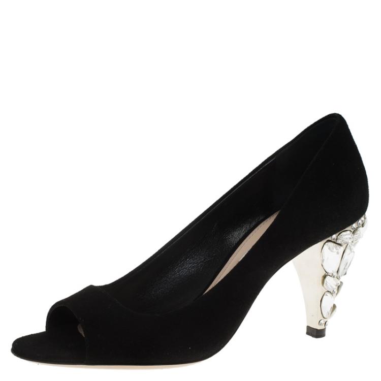 Pre Owned Miu Miu Black Suede Jeweled Heel Open Toe Pumps Size 36.5