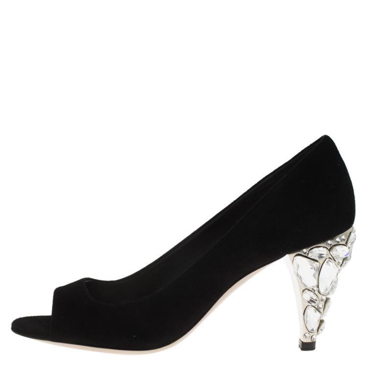 Pre Owned Miu Miu Black Suede Jeweled Heel Open Toe Pumps Size 36.5
