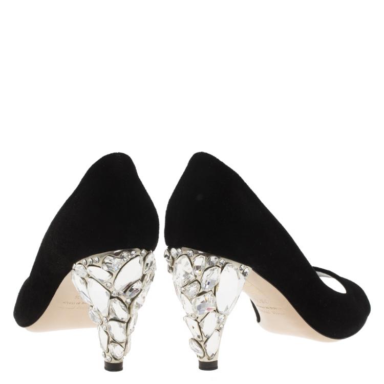 Pre Owned Miu Miu Black Suede Jeweled Heel Open Toe Pumps Size 36.5