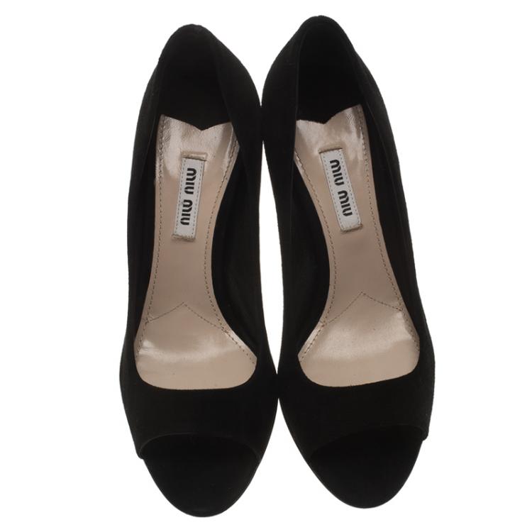 Pre Owned Miu Miu Black Suede Jeweled Heel Open Toe Pumps Size 36.5
