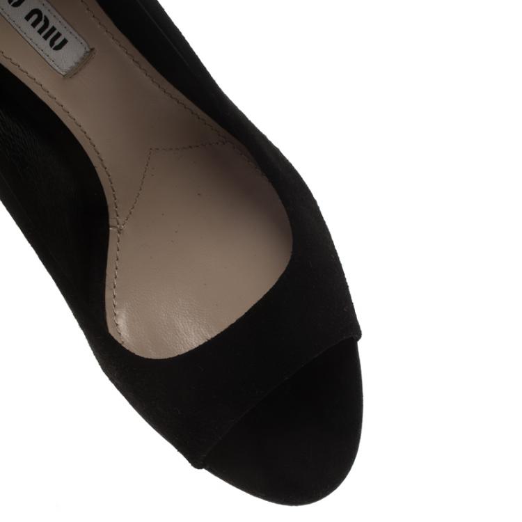Pre Owned Miu Miu Black Suede Jeweled Heel Open Toe Pumps Size 36.5