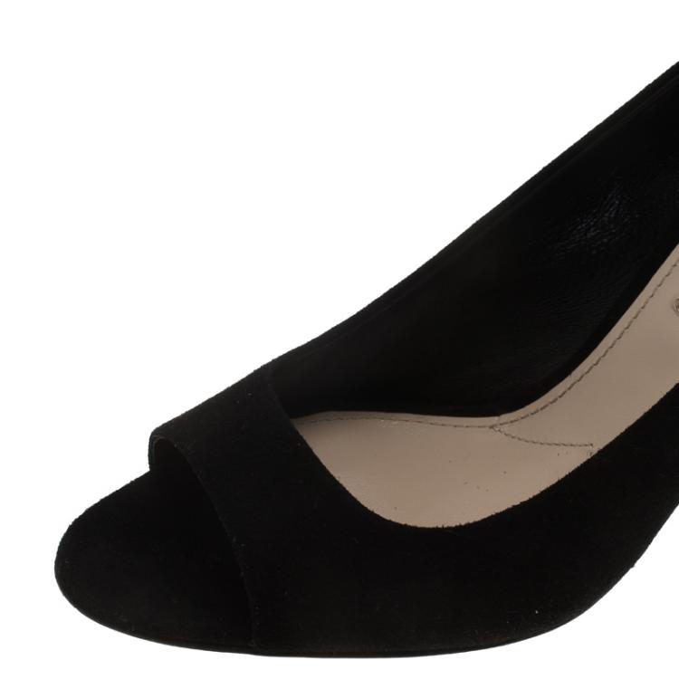 Pre Owned Miu Miu Black Suede Jeweled Heel Open Toe Pumps Size 36.5