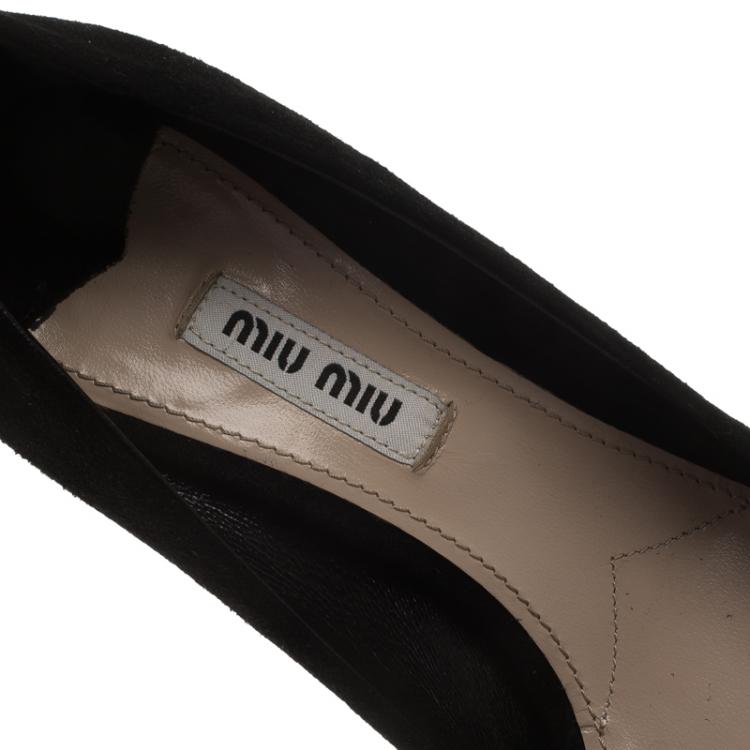 Pre Owned Miu Miu Black Suede Jeweled Heel Open Toe Pumps Size 36.5