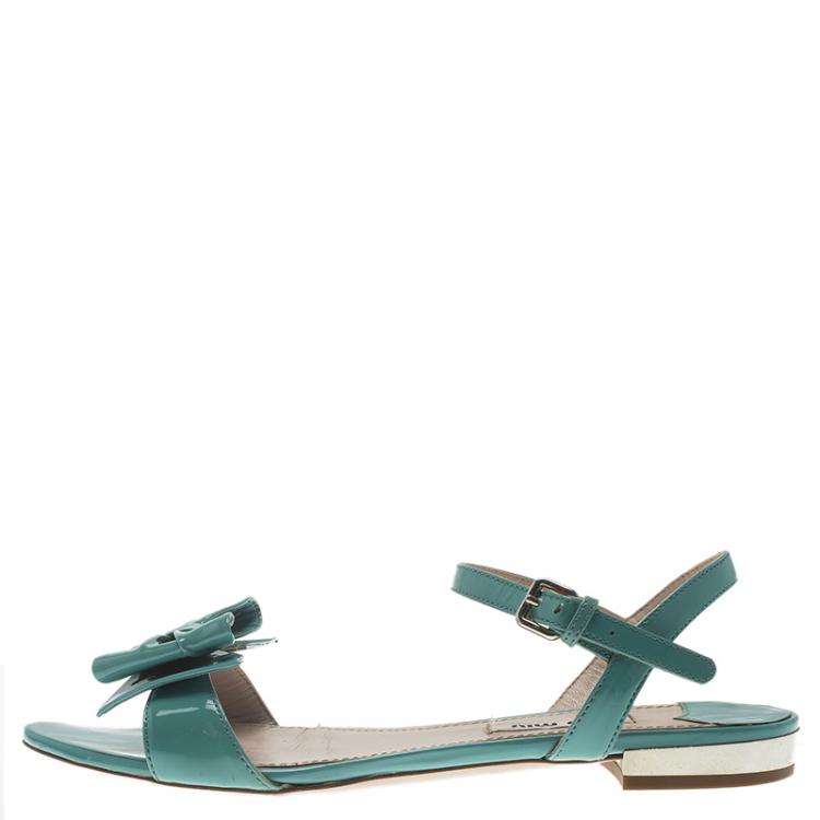 Pre Owned Miu Miu Green Patent Bow Sandals Size 35.5