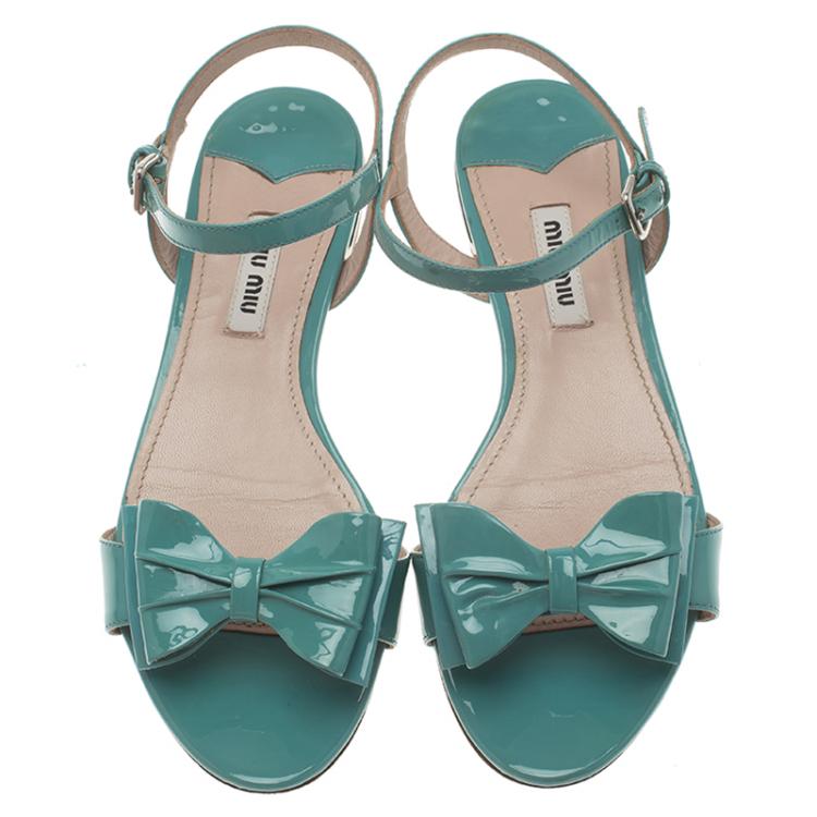 Pre Owned Miu Miu Green Patent Bow Sandals Size 35.5