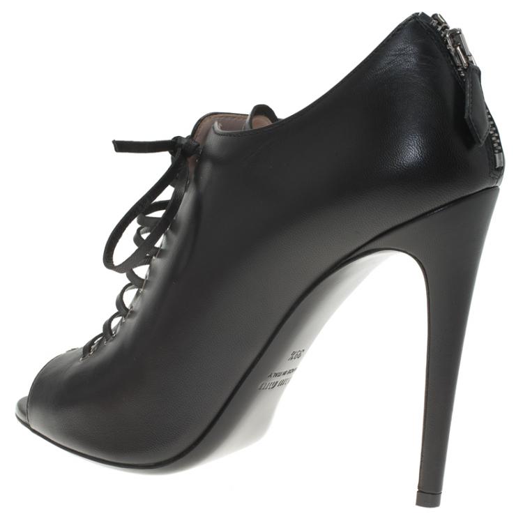 Pre Owned Miu Miu Black Leather Lace Up Open Toe Ankle Boots Size 39.5