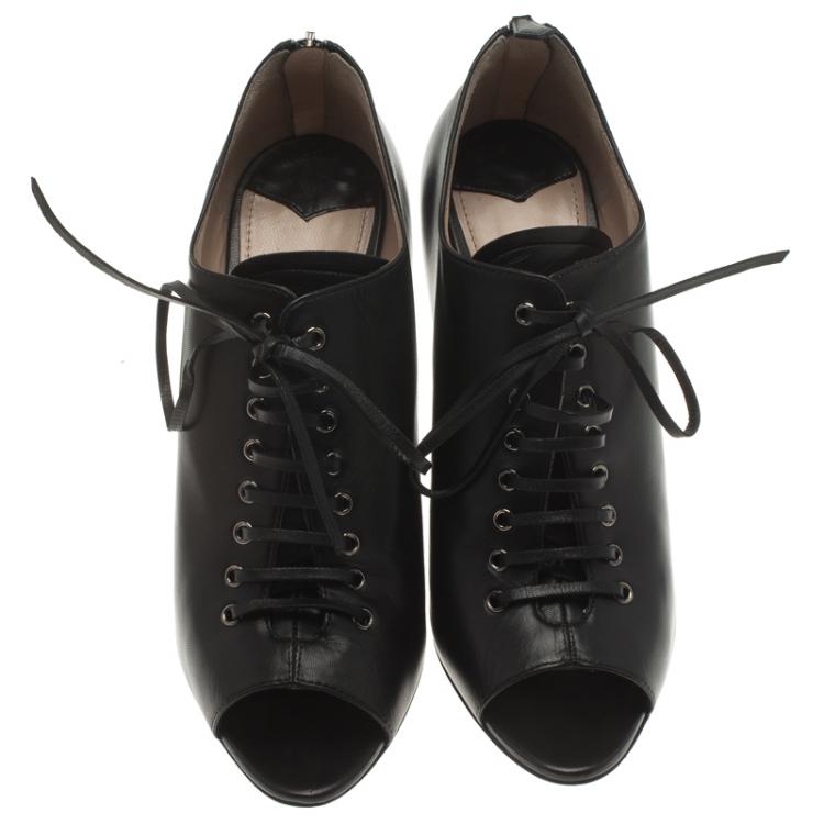 Pre Owned Miu Miu Black Leather Lace Up Open Toe Ankle Boots Size 39.5