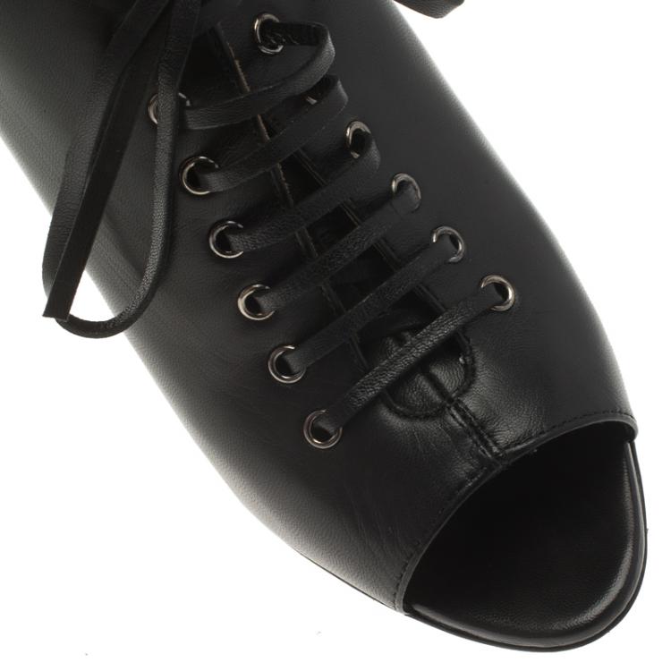 Pre Owned Miu Miu Black Leather Lace Up Open Toe Ankle Boots Size 39.5