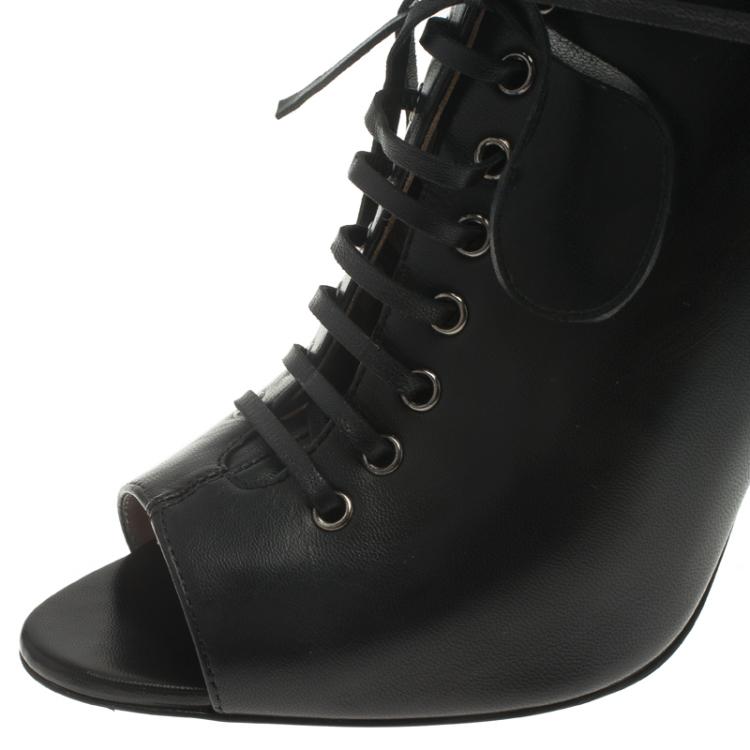 Pre Owned Miu Miu Black Leather Lace Up Open Toe Ankle Boots Size 39.5