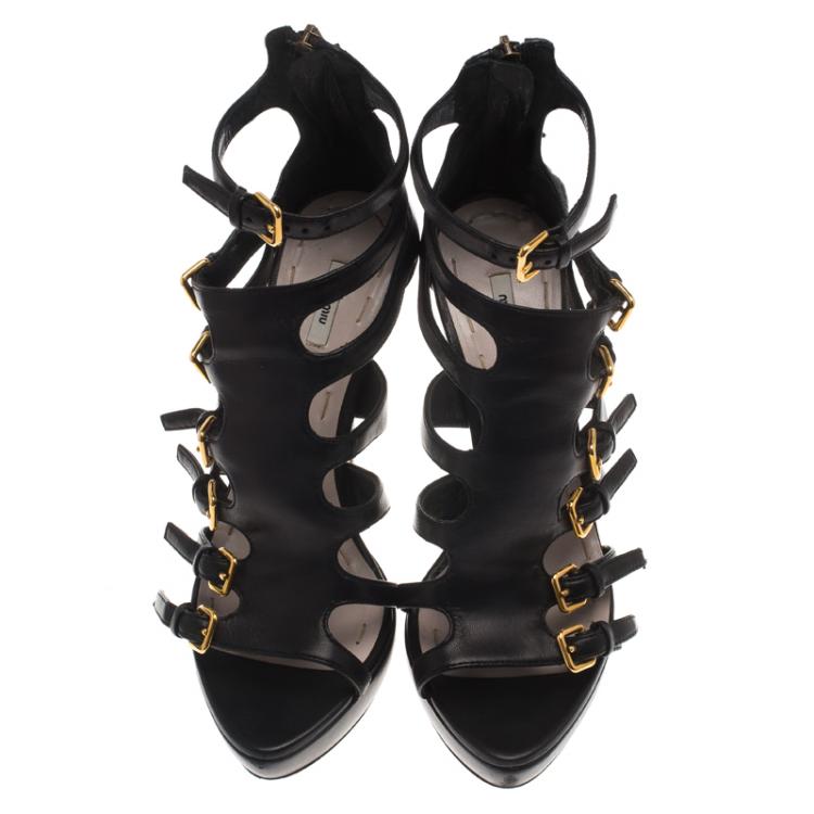 Pre Owned Miu Miu Black Leather Multi Strap Platform Sandals Size 37
