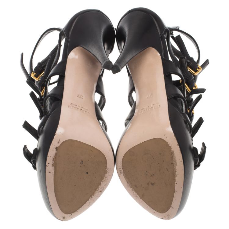 Pre Owned Miu Miu Black Leather Multi Strap Platform Sandals Size 37