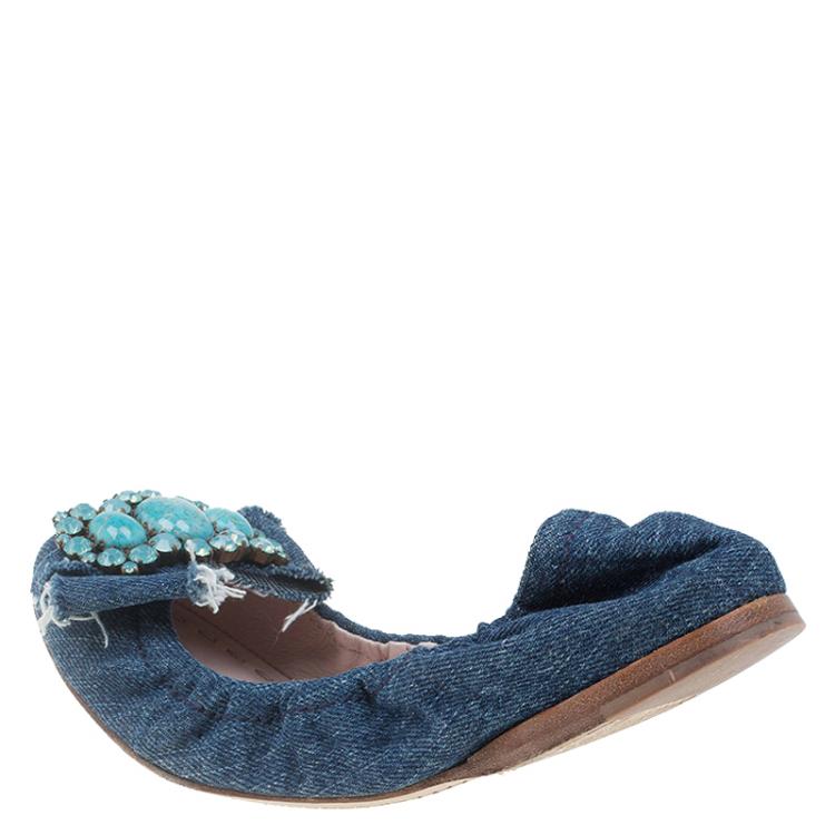 Pre Owned Miu Miu Blue Denim Embellished Ballet Flats Size 35.5
