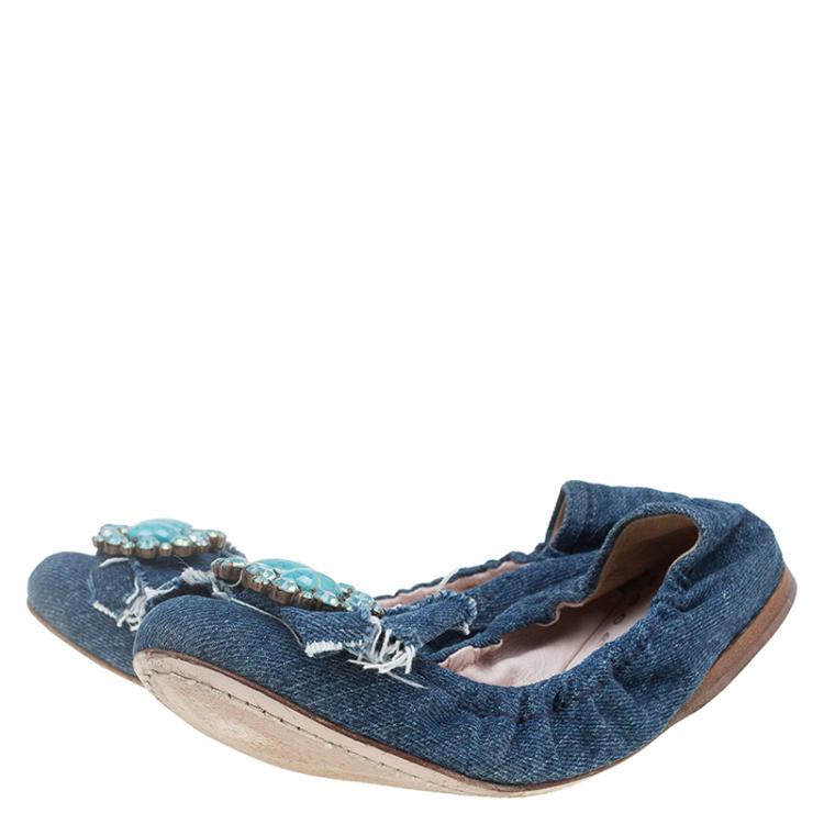 Pre Owned Miu Miu Blue Denim Embellished Ballet Flats Size 35.5
