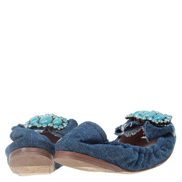 Pre Owned Miu Miu Blue Denim Embellished Ballet Flats Size 35.5