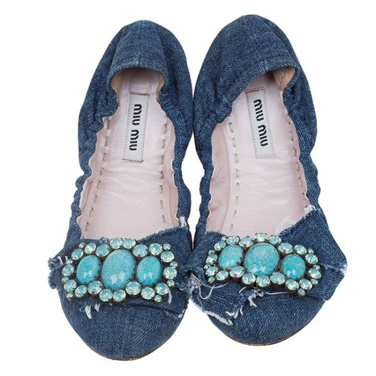 Pre Owned Miu Miu Blue Denim Embellished Ballet Flats Size 35.5
