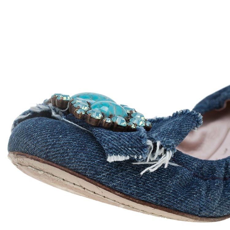 Pre Owned Miu Miu Blue Denim Embellished Ballet Flats Size 35.5