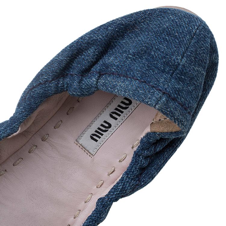 Pre Owned Miu Miu Blue Denim Embellished Ballet Flats Size 35.5
